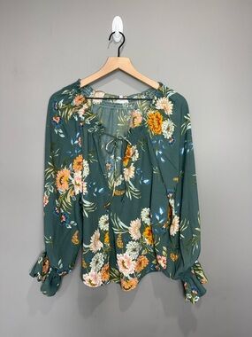 bohme Green‎ Floral Tie-Neck Peasant Blouse